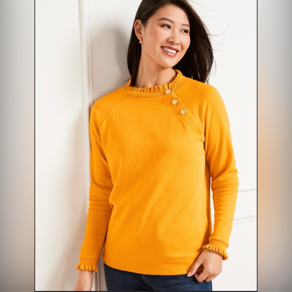 TALBOTS Mustard Yellow Ruffle Trim Raglan Sweatshirt